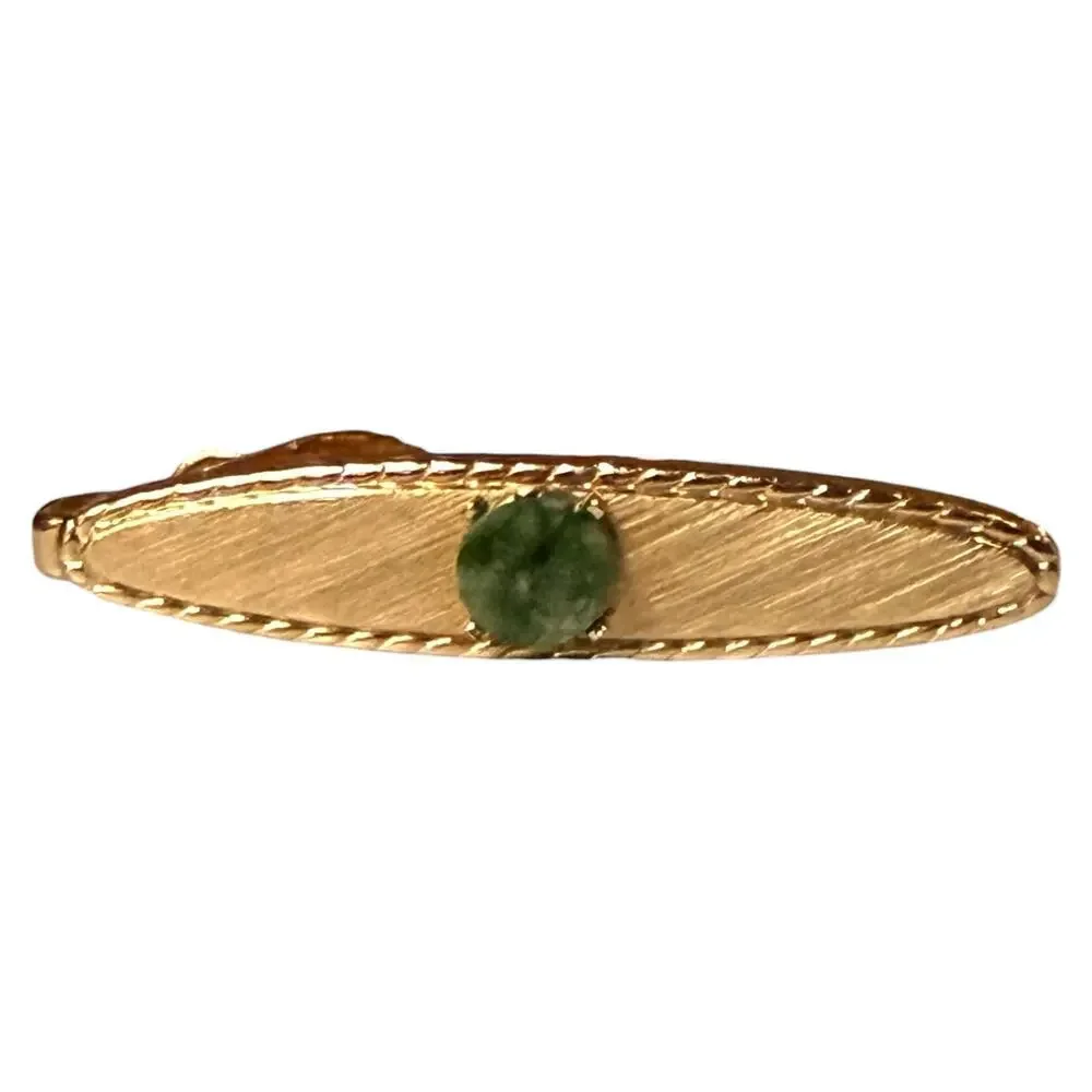 Vintage Swank Tie Clip Mens Gold Tone Crosshatched Coin Edge Green Glass Jewel